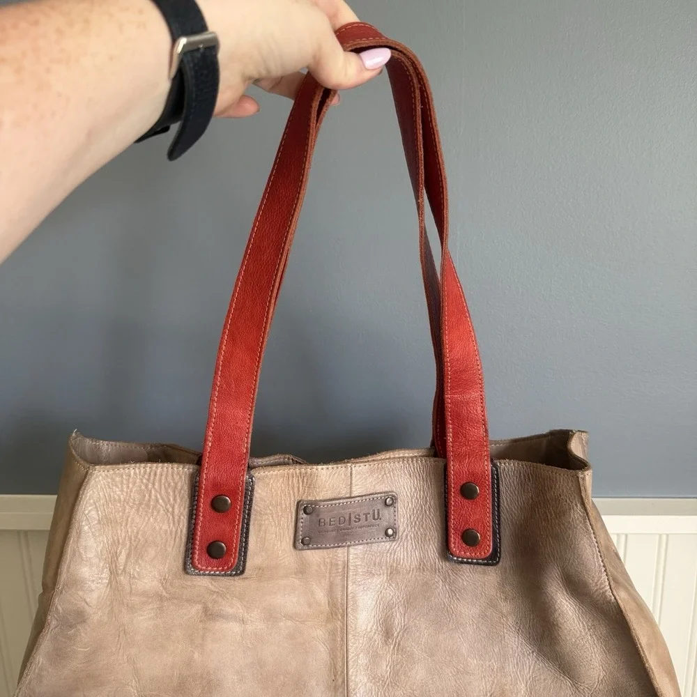 Bed Stu Leather Arlington Tote Shoulder Bag Purse Handbag Brown Red Distressed